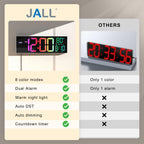 JALL 16" Large Digital Wall Clock with Remote Control, Timer, Alarm with Big LED Screen Dispaly, 8 RGB Colors, Auto DST, Temperature for Living Room, Bedroom, Mounted, Gift for Elderly, White