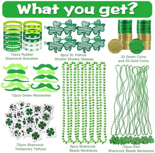 Max Fun 188Pcs St Patricks Day Accessories Party Favors Set Decorations Kids Saint Patricks Day Irish Decor, Green Beads Shamrock for Parades Supplies