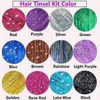 Hair Tinsel Kit (48 Inch,12 Colors, 3800 strands), Fairy Tinsel Hair Extensions with Tools - Glitter Hair Tinsel Heat Resistant Accessories for Girls Women Kids Christmas New Year Halloween Cosplay