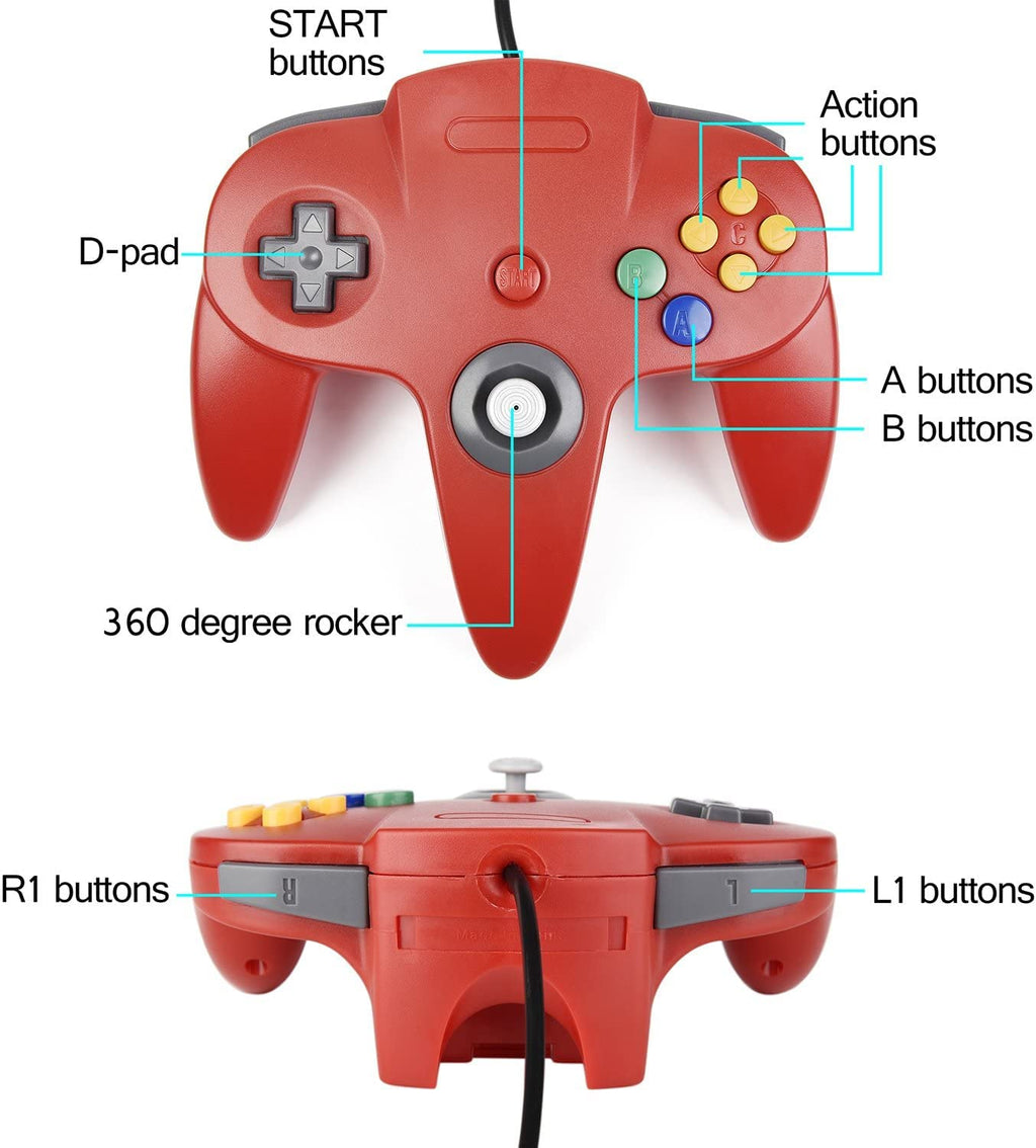 XINHONGRY 2 Pack N64 Controller, Classic Retro Wired N64 64 Bit Gamepad Joystick for Ultra 64 Video Game Console N64 System (Blue+Red