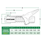 LockNLube Grease Gun Coupler locks onto Zerk fittings. Grease goes in, not on the machine. World's best-selling original locking grease coupler. Rated 10,000 PSI. Long-lasting rebuildable tool.