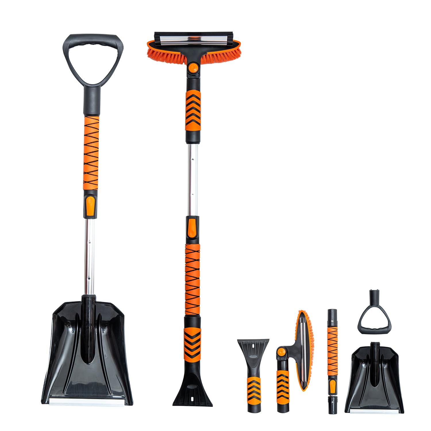 KOKKING 4 in 1 Snow Shovel Kit Extendable Snow Brush 180°Pivoting with Ice Scrapers & Snow Brushes with Foam Grip for Car, Trucks, SUVs, Vehicle (Orange)