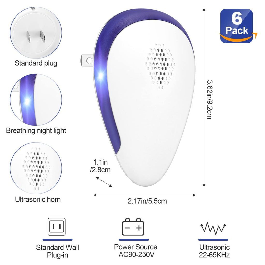 TIMIROYA Ultrasonic Pest Repeller, Pest Repellent Ultrasonic Plug in, Pest Repeller Indoor 6 Pack for Bugs Insects Roaches Mice Rodents Mosquitoes, White