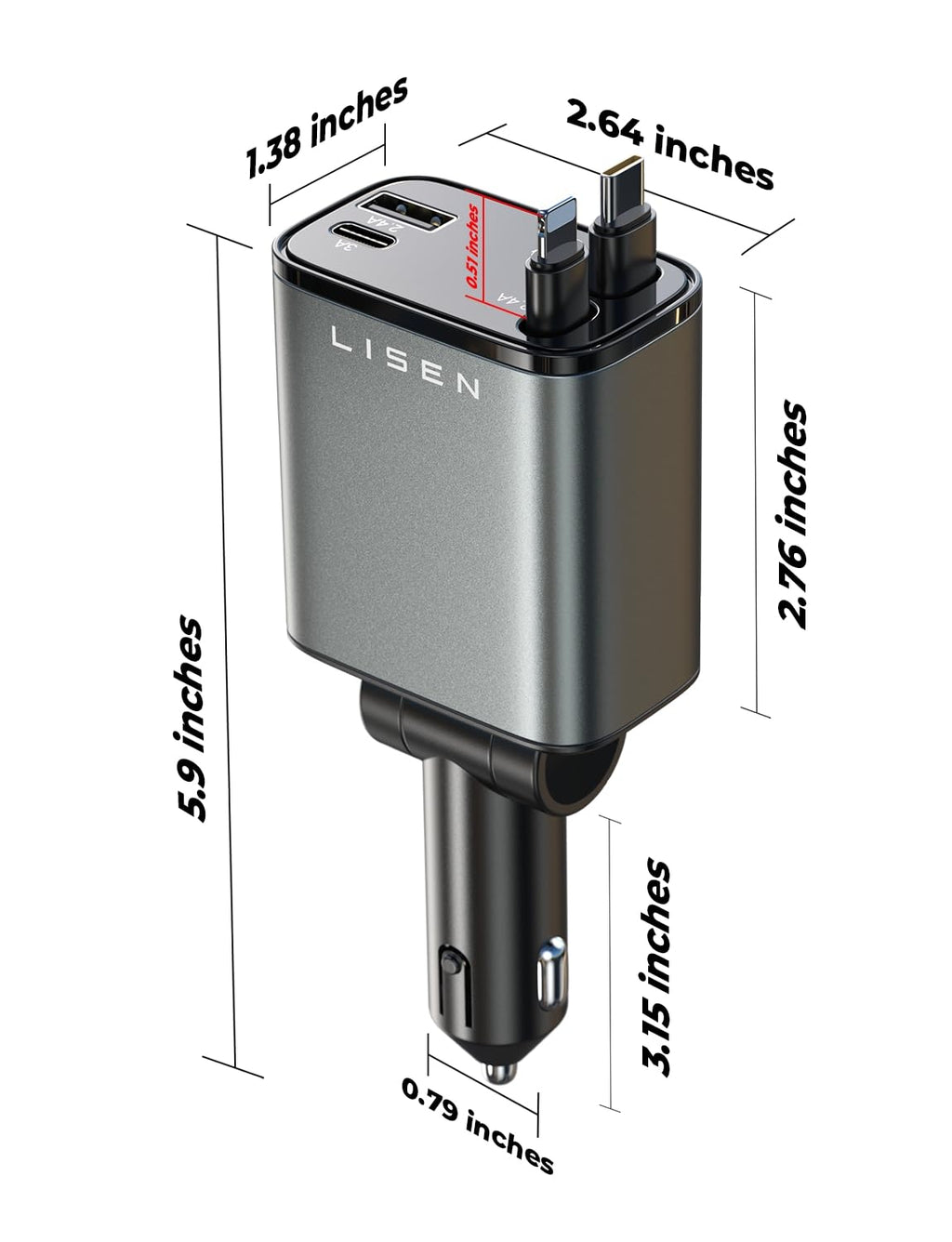 LISEN Retractable Car Charger [69W USB C Car Charger Adapter] iPhone 16 Car Charger Fast Charging, Fast Charging Car Charger, Type C Retractable Car Charger for iPhone 16 15 14 13 12, Samsung, Gray