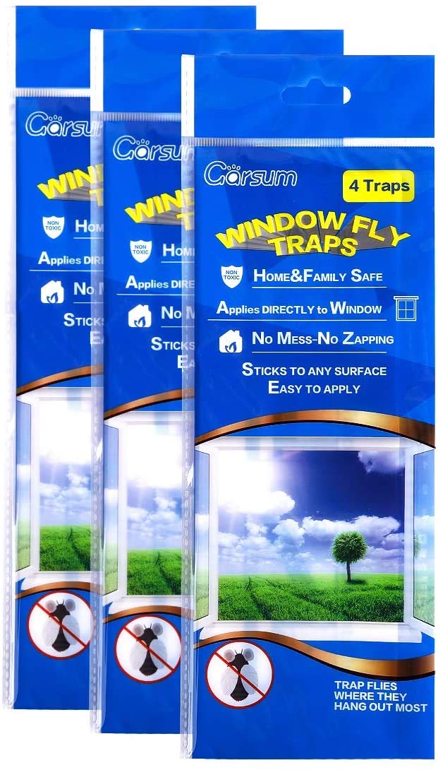 GARSUM Window Fly Traps Indoor, Fly Paper Bug Sticky Strips, House Fly Killer Window Decal Non-Toxic,4 Piece per Pack Total 12 Pices