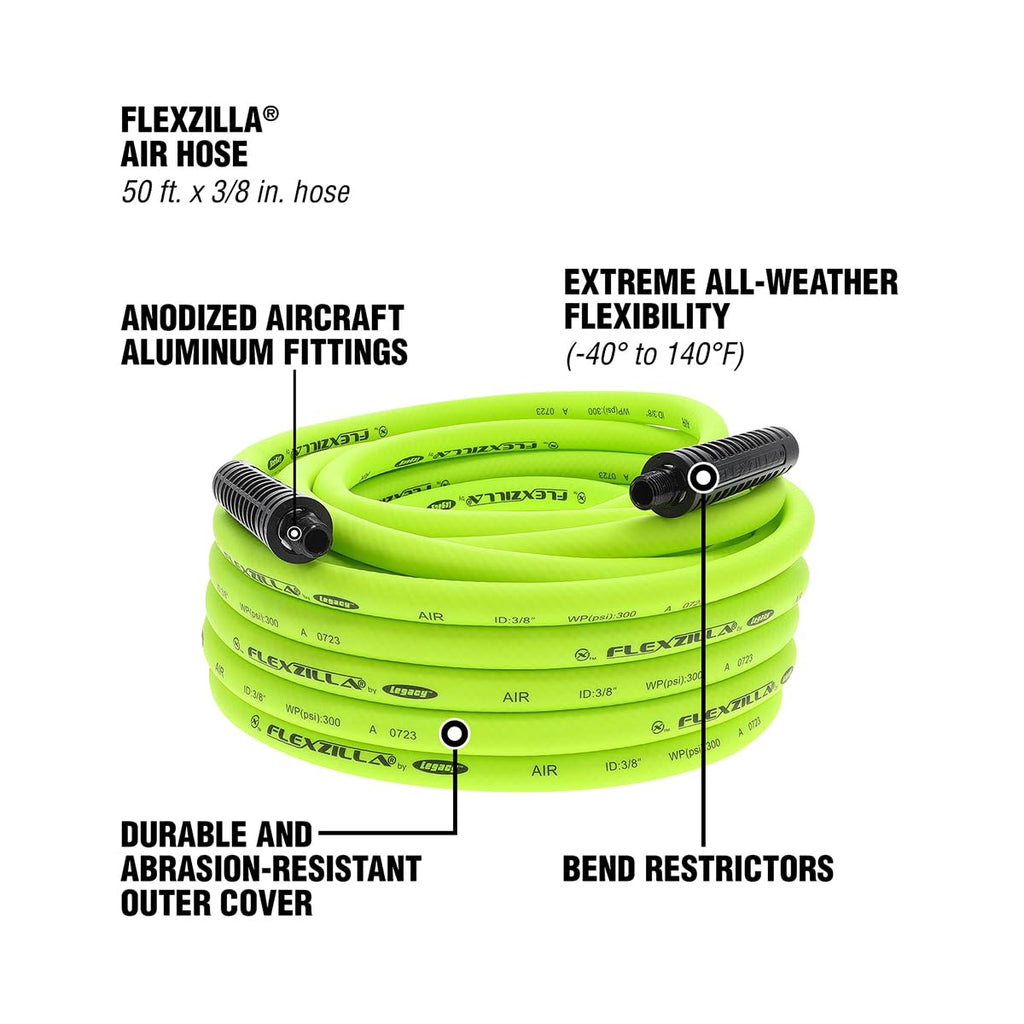 Flexzilla Air Compressor Hose, 3/8 in. x 50 ft., 1/4 in. MNPT Fittings, No-Kink, All Weather, Lightweight, Premium Hybrid Polymer, 300 PSI, ZillaGreen