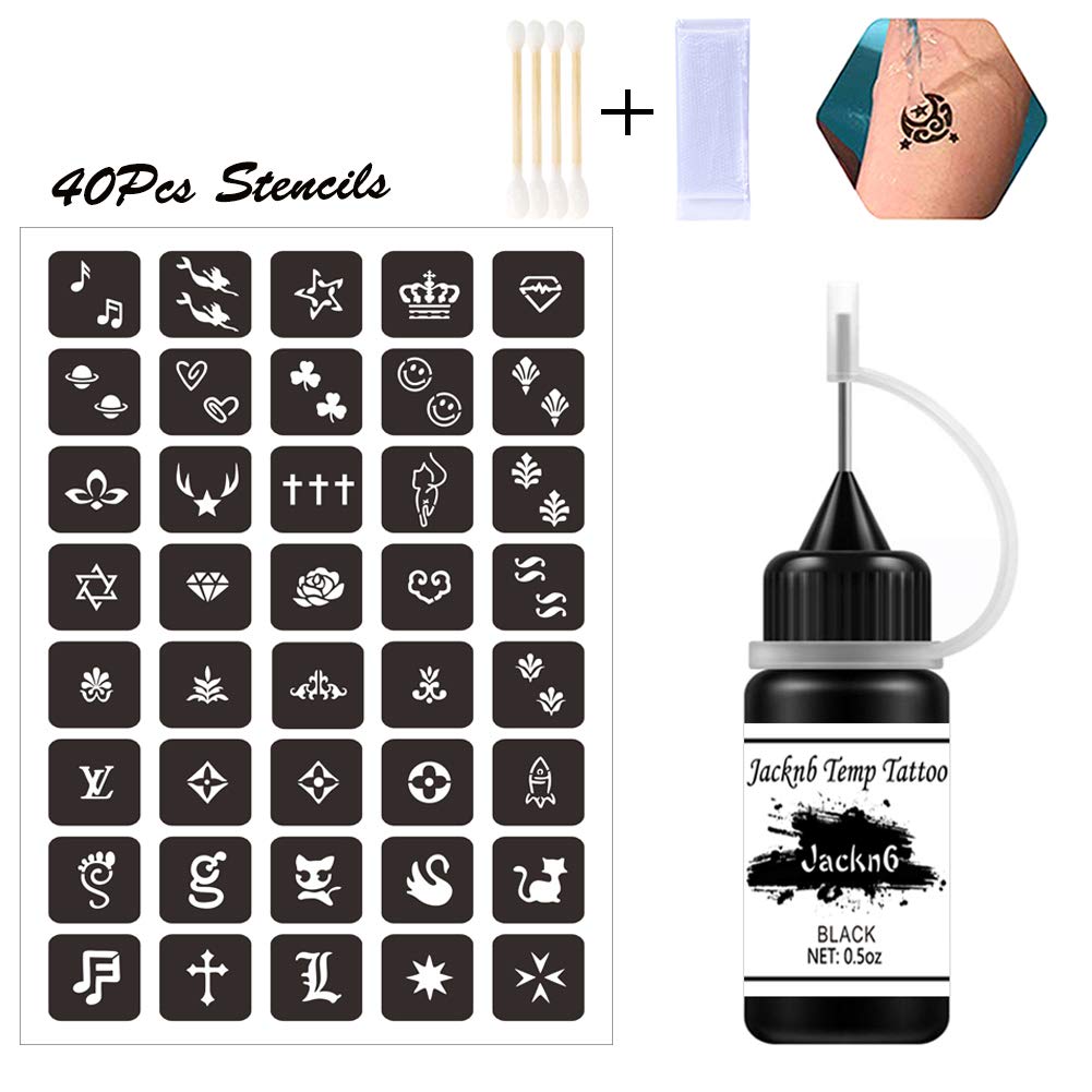 Jacknb Temporary Tattoo Kit, Semi Permanent Tattoo Jagua Gel Freehand Ink 4 Bottles 2oz DIY Tattoos Fake Freckles Temp Tattoos for Women Kids Men Body Art Markers 40 Pcs Free Tattoos Stencils