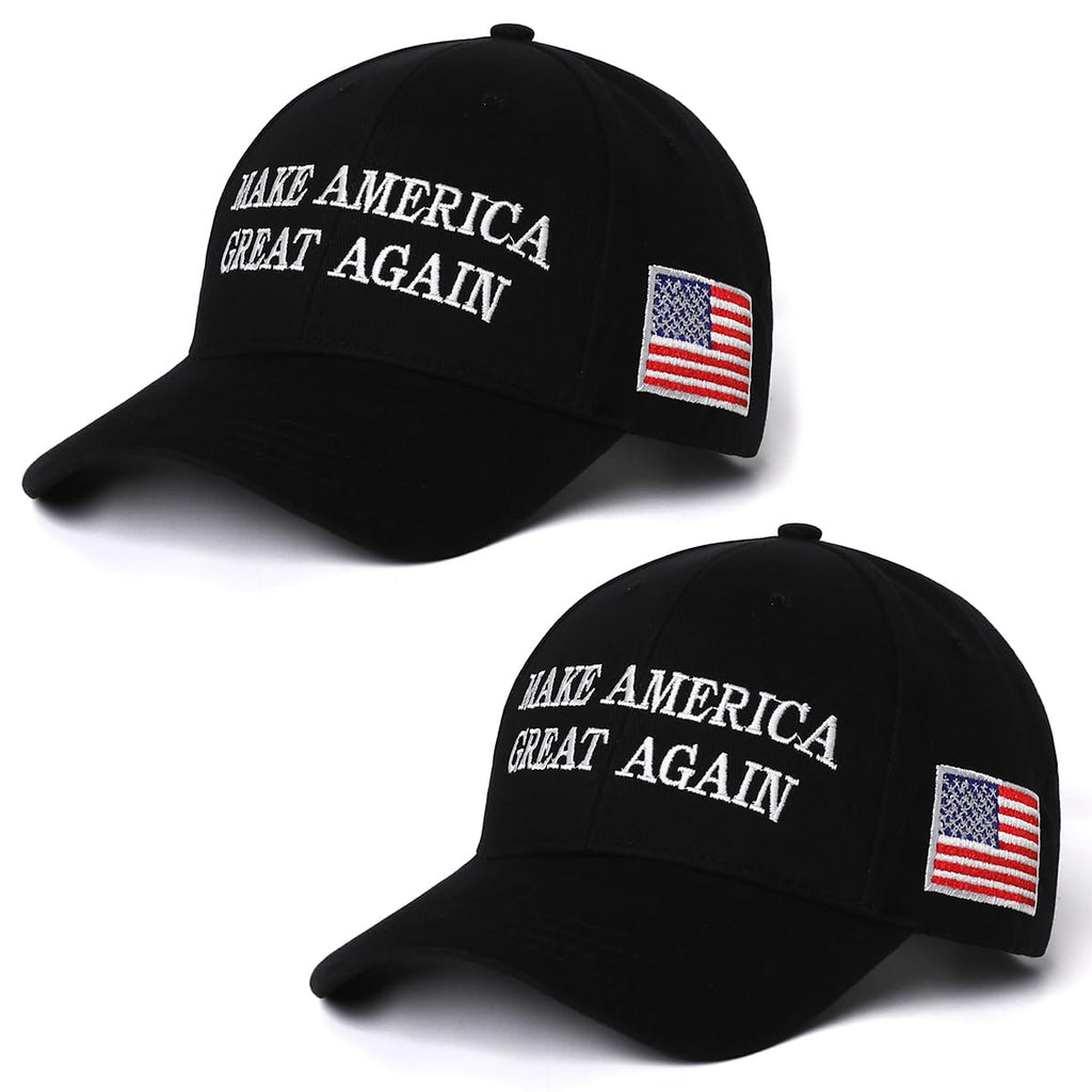 MAGA Hat Trump 2024,Embroidered Make America Great Again Donald Trump Slogan Hat and American Flag Adjustable Baseball Cap (2pcs Black MAGA and Flag)