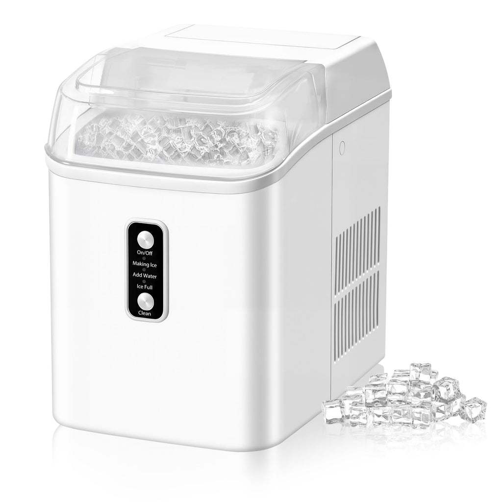 NEWBULIG Nugget Ice Makers Countertop, Portable Nugget Ice Machine, Ready in 6 Mins, 24lbs in 24Hrs, Auto-Cleaning, with Basket and Scoop, for Home, Kitchen, RV, Camping, White