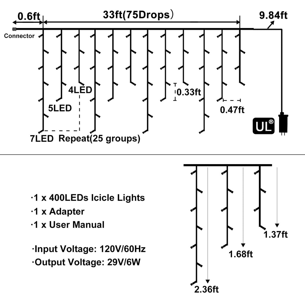 Christmas Lights Outdoor, 33ft 400 LED Warm White Icicle Lights for Outside House, Plug in Connectable Twinkle Tree Lights 8 Modes Timer Waterproof for Patio Window Party Indoor Holiday Decorations