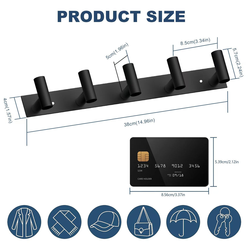 Black Hat and Coat Wall Mount Rack 5 Hooks for Robes, Bags, Keys, and Towels Bathroom Towel Hanger Organizer (1 Pack)