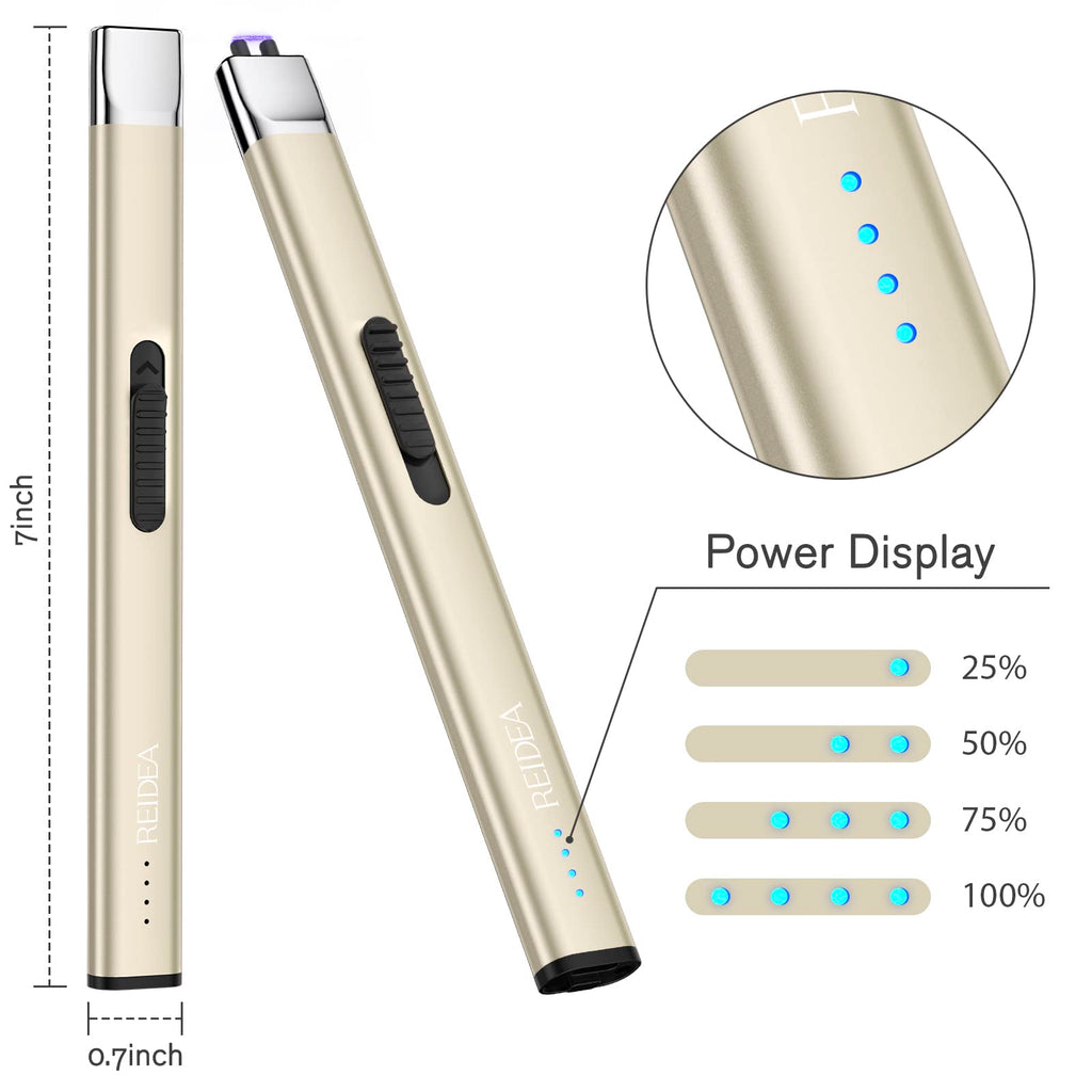 REIDEA Electric Lighter Candle Lighter, Retractable Top Windproof Flameless USB Rechargeable Arc Lighter with Safe Button and Power Indicator for Candle, BBQ and Fireworks, R1 Flat, Champagne Gold