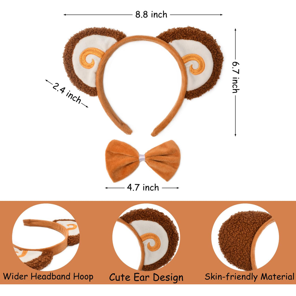 HODRME 3 Pieces Monkey Ears and Tail Set-Orange Monkey Headband Tail Bow Tie Cosplay Party Halloween Costume Accessories for Kids and Adults