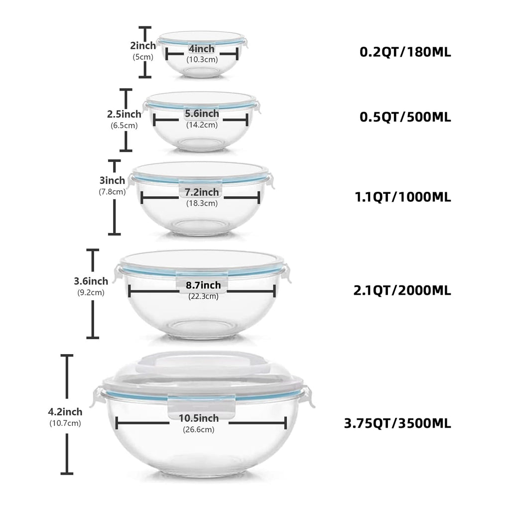 WhiteRhino Glass Mixing Bowl with Lids Set of 5, 0.2, 0.5, 1.1, 2.1, 3.75 QT, Large Salad Bowls with BPA-Free Lids, Space-Saving Nesting Bowls for Kitchen Food Storage, Glass bowl for Cooking, Baking