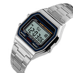 Unisex Men's Digital Watch Silver Stainless Steel LED Backlit Electronic Multifunction Date Alarm Stopwatch Square Woman Waterproof Sport Watches (Silver)