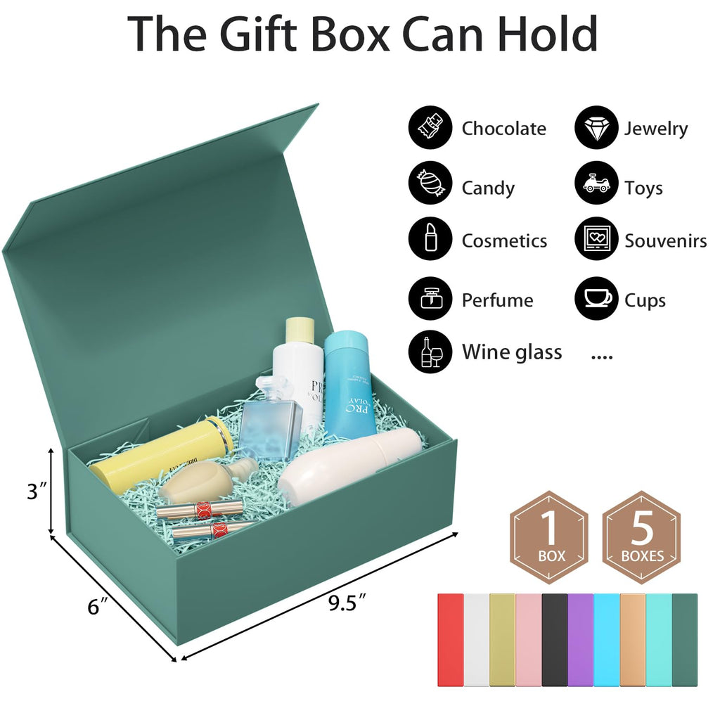 RYDDOY 5 Pack Green Gift Box, 9.5x6x3'' Gift box for Presents with Lids Magnetic Closure Rectangle Collapsible for Bridesmaid Proposal Box, Wedding, Christmas, Halloween, Birthday Gift Packging