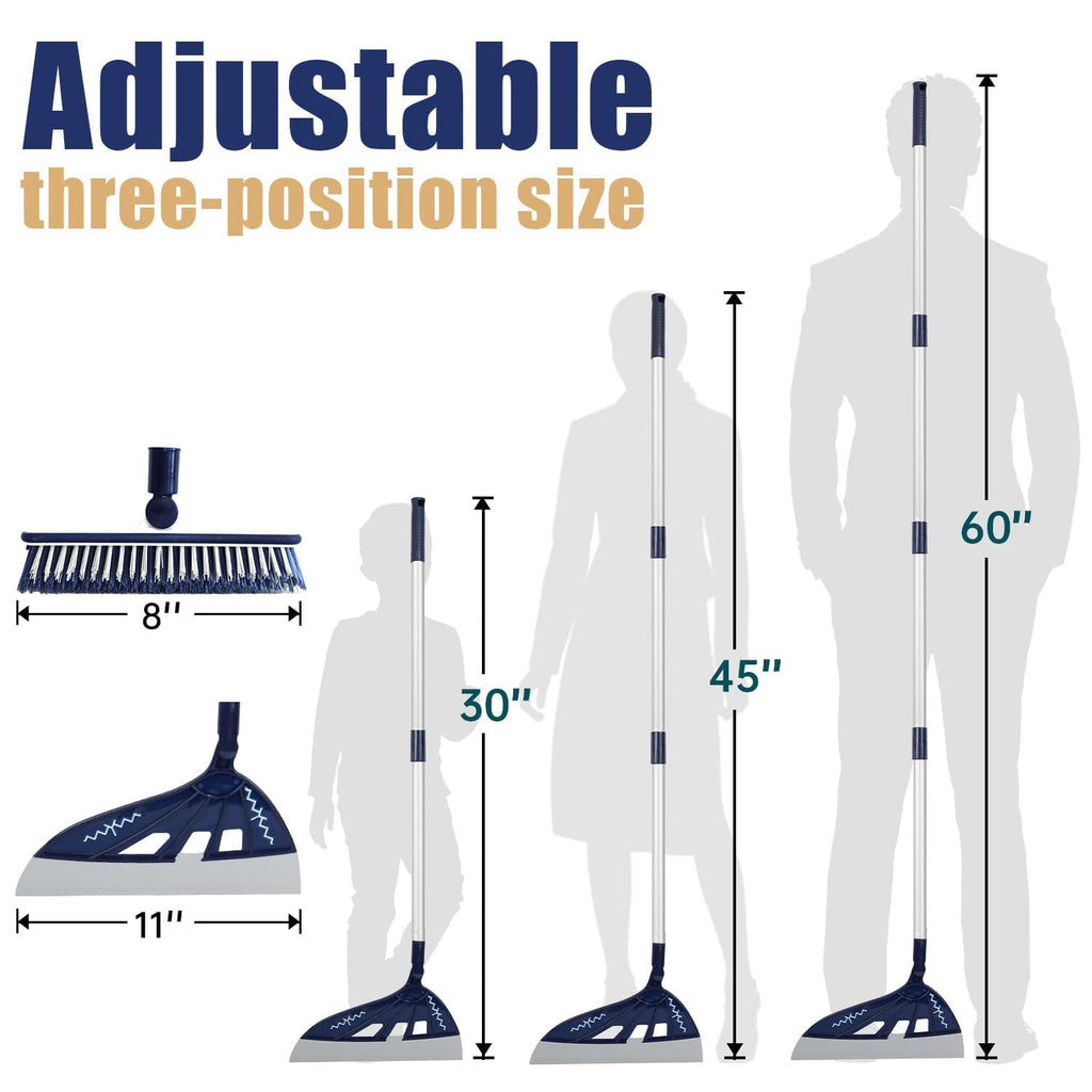 Heilo Magic Broom Sweeper Household Silicone Broom, Multifunction Squeegee with 2 Heads Brush and Scrape, Magic Broom with Extra-Long Adjustable Aluminum Handle for Floor, Glass, Tile (Ocean Blue)