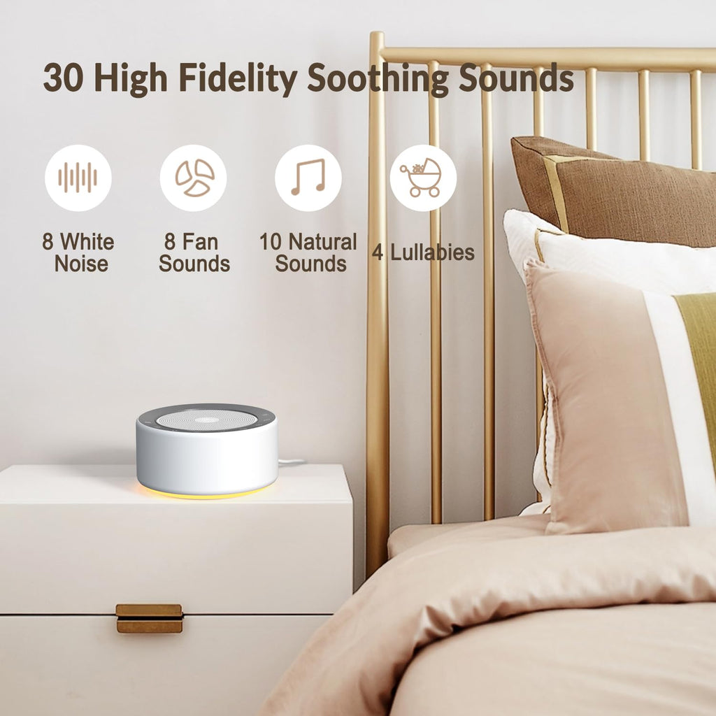 White Noise Machine with 30 High Fidelity Soundtracks, 7 Colors Night Lights, Full Touch Metal Grille and Buttons, Timer and Memory Features, Plug in, Sound Machine for Baby, Adults