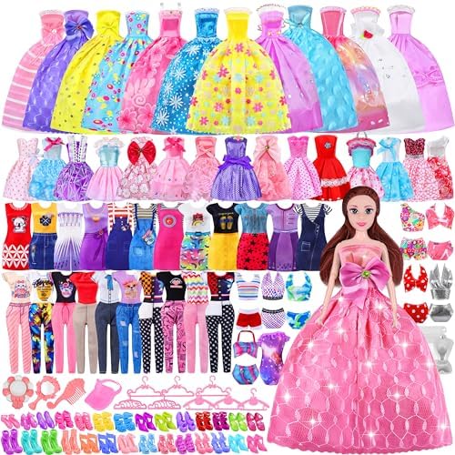 79 Pcs Doll Clothes and Accessories with Doll, Princess Gowns, Fashion Dresses, Slip Dresses, Top, Pants, Jumpsuit, Swimsuits, Shoes, Hangers, Doll Dress up Toys for Girls Kids Toddlers Toy Gifts