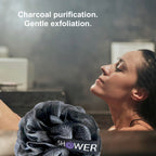 Loofah-Charcoal Back-Scrubber & Bath-Sponges by Shower Bouquet: 1 Long-Handle-Back-Brush Plus 2 Extra Large 75g Soft Mesh Poufs, Men & Women - Exfoliate with Full Pure Cleanse in Bathing Accessories