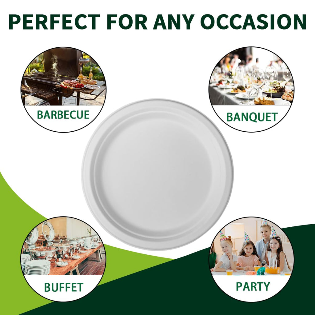 Lxins ECO 150 Pieces 100% Compostable Paper Plates (White 9inch) Heavy Duty Disposable Plates Eco Plates Made of Sugarcane Fiber Biodegradable Plates for Everyday Dinner, Party, Barbecue