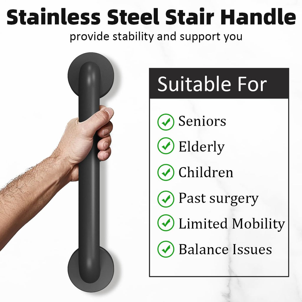 Metal Industrial Stairs Grab Wall Handrail Staircase Steps Indoor Exterior Outdoor Deck Hand Rail Safety Grab Bar (Matte Black) Handle for Stairs Bars Wall Elderly Grab Frame Pipe (16 Inch 1 Pack)