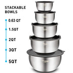 Wildone Mixing Bowls with Airtight Lids Set, 5PCS Stainless Steel Nesting Bowls for Kitchen, with Grater Attachments & Non-Slip Bottoms, Size 5, 3, 2, 1.5, 0.63 QT, Great for Mixing & Serving