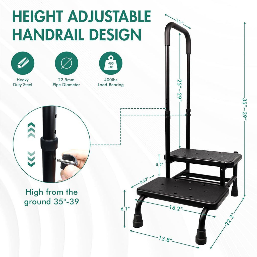 Gyykzz 2 Step Stool with Handle for Elderly, Heavy Duty Medical Step Stool with Adjustable Handrail and Non-Slid Platform for Adults, Seniors and Handicap, Bed Steps for High Beds Holds up to 400LBS