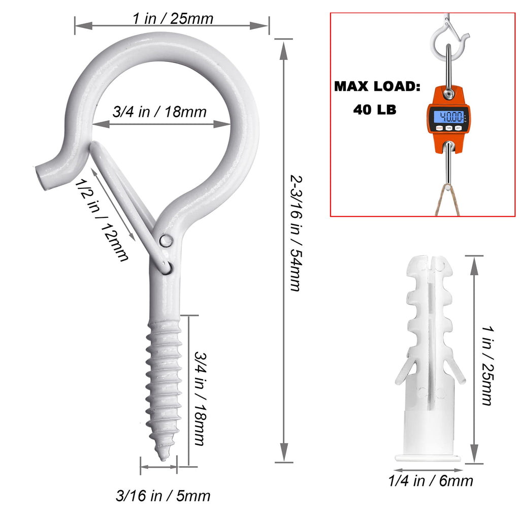 PlusRoc 40 Pack String Light Hooks for Christmas Light Outdoor Plants, 2.2 Inch White Cup Hooks Screw in Ceiling Hooks Eye Hook Q-Hanger, with Wing Nut Driver, Wall Mount Ceiling Mount