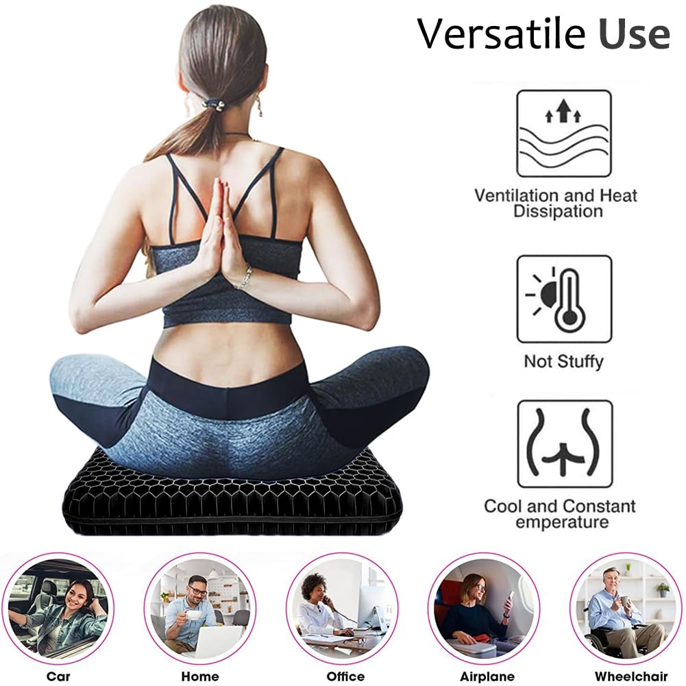 Gel Seat Cushion for Long Sitting, Extra Thick Gel Cushion for Wheelchair Soft Chair Pads Cushion for Office Home Chairs Car Seats Long Trips - Back Sciatica Hip Tailbone Pain Relief Cushion (Black)