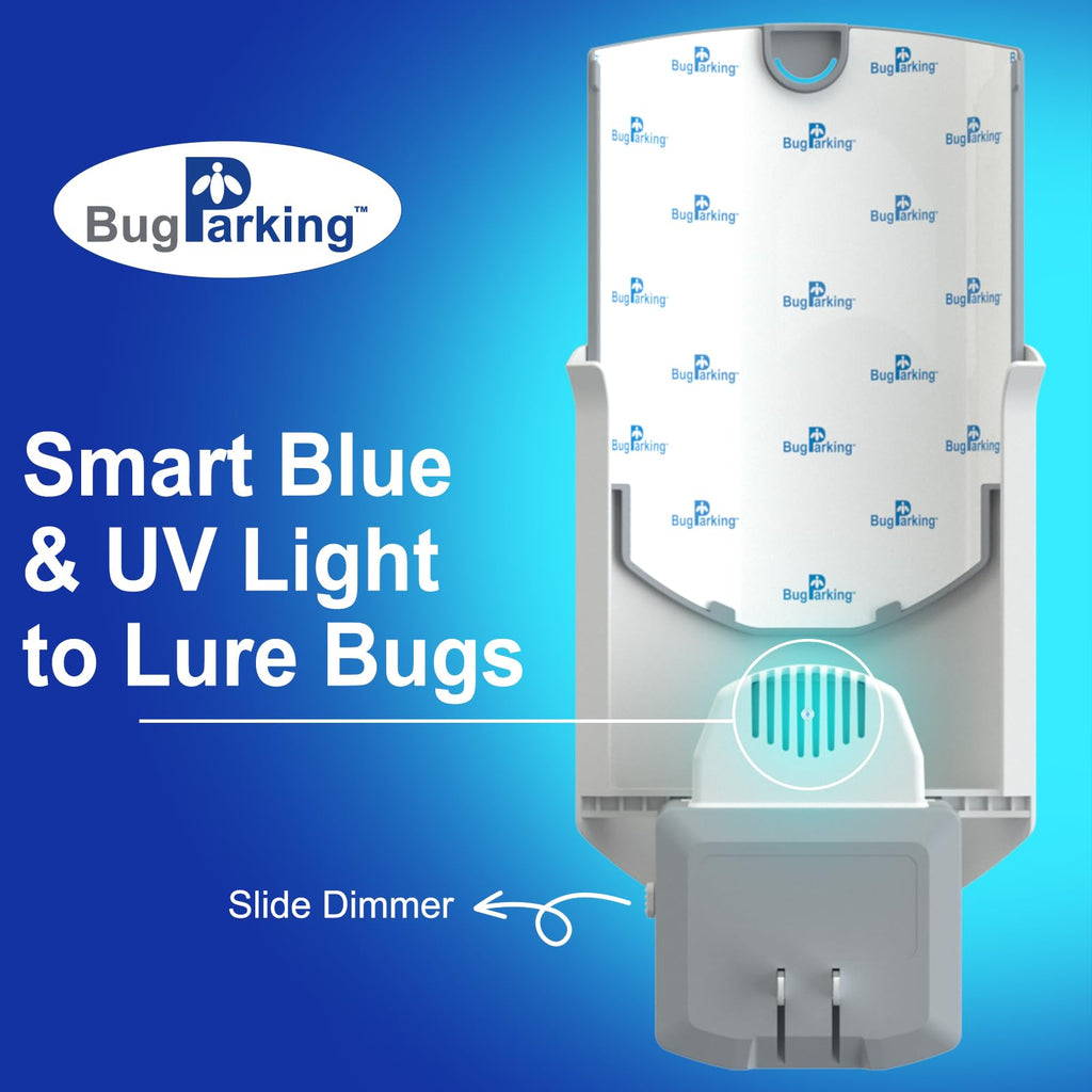 Bug Parking Flying Insect Trap, Plug-in UV Light for Gnats, Fruit Flies and Houseflies, Silent Sticky Catcher for Indoor Use, 1 Device & 5 Refills