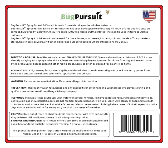 BugPursuit 24oz Ant Killer use for Indoor and Outdoor, Effective, Non-Staining, Ants,Fire Ants, and Other Insect Killer, Ant Spray Safe for Pets and Kids,Non-Toxic, 100% USDA Biobased, Made in USA