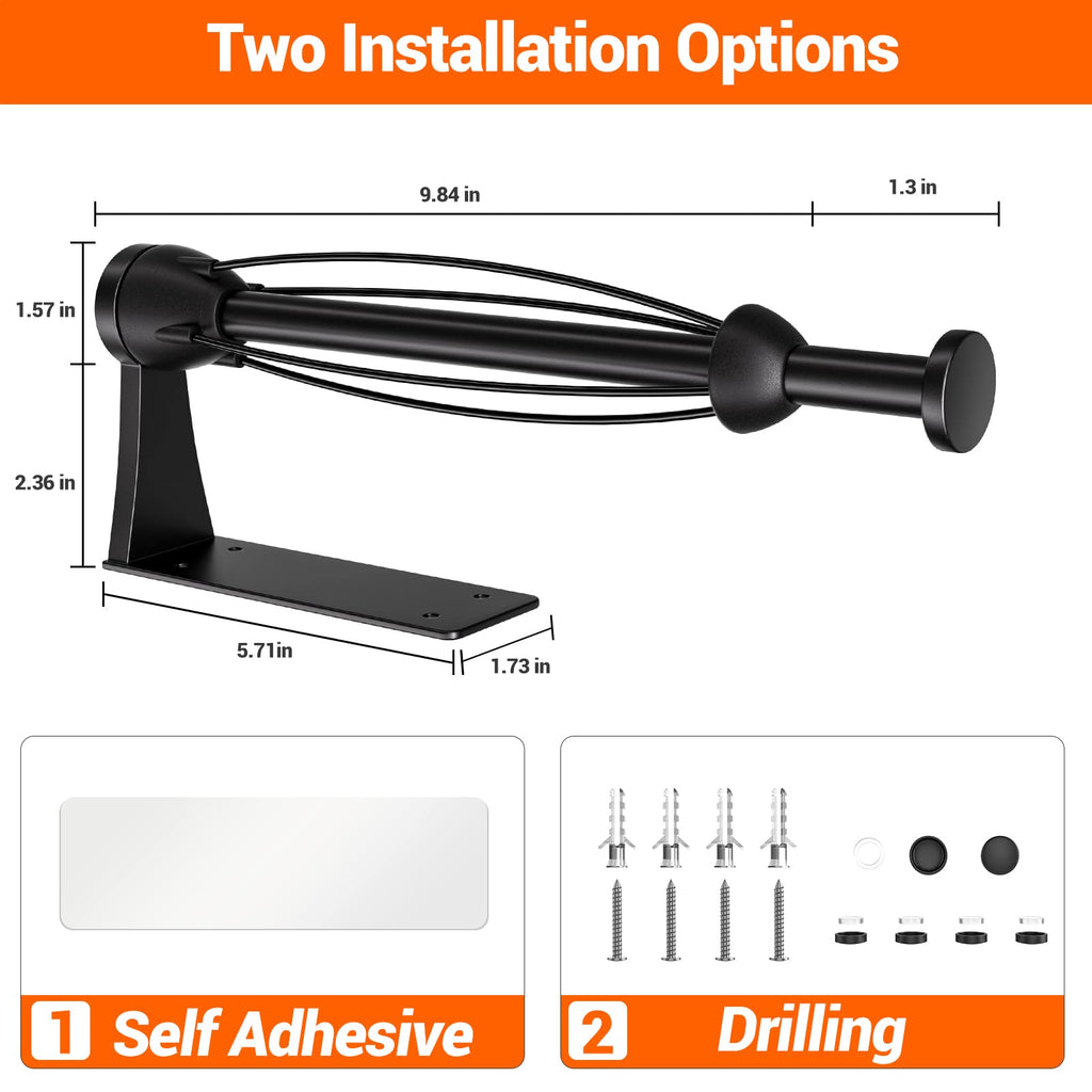 Paper Towel Holder Under Cabinet, Single Hand Operable Wall Mount with Damping Effect, Self-Adhesive or Drilled for Kitchen Bathroom, Black