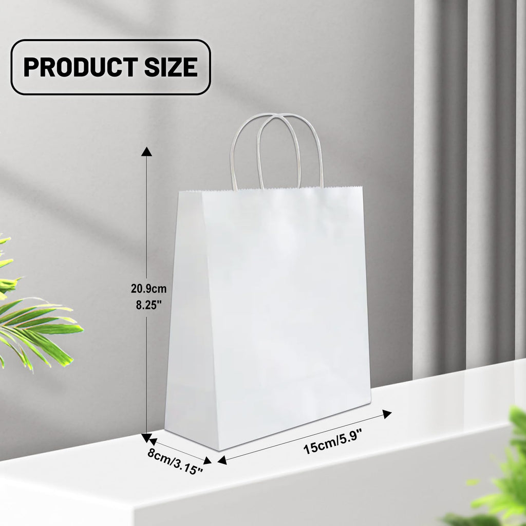 Gift Bags 8.25"x5.9 "x3.15" 100Pcs White Paper Bags with Handles,kraft paper Bags for Small Business Christmas Bulk Bags, Wedding Party Favor Bags,Shopping Lunch Bags, Halloween Trick-or-Treat (White)