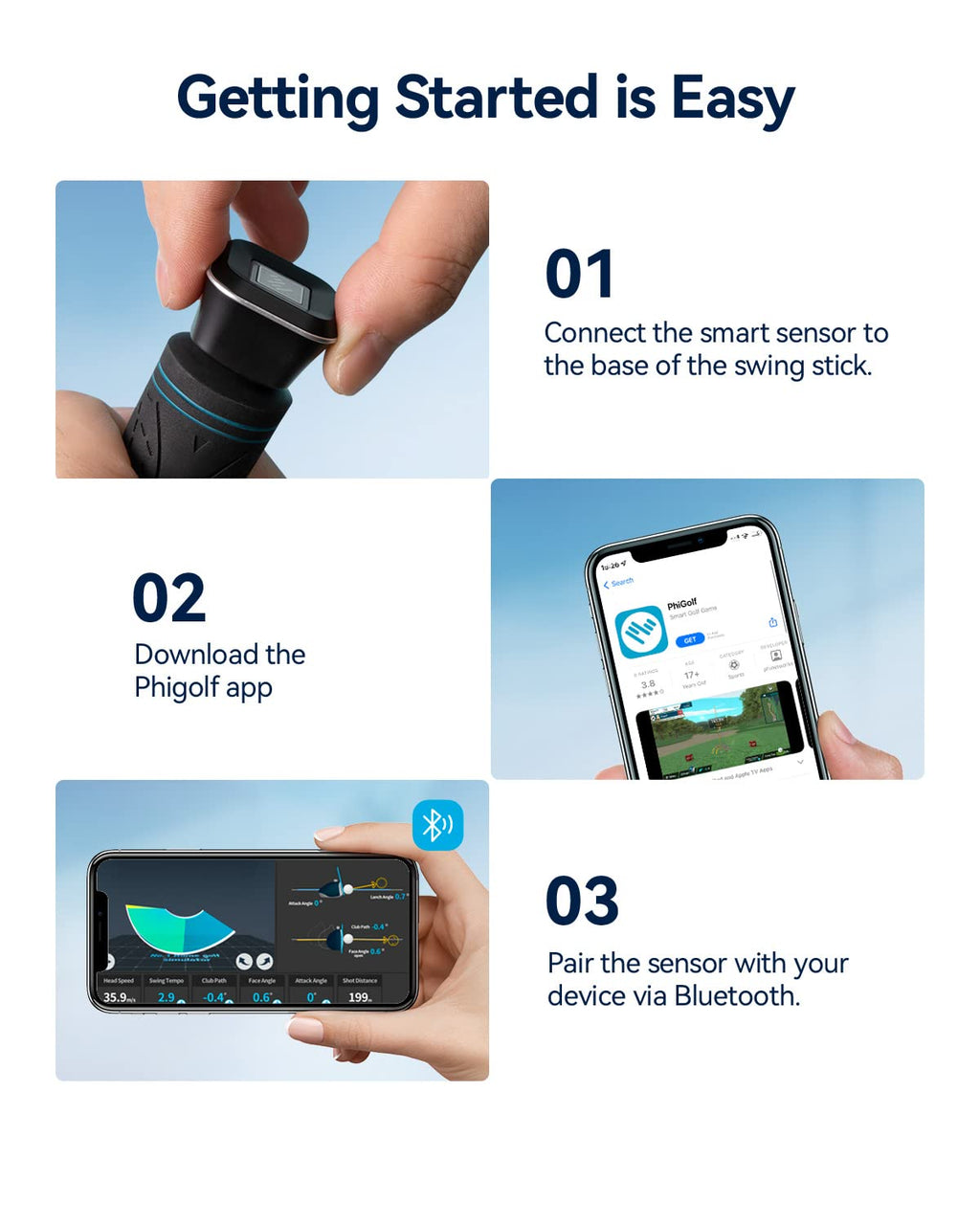PHIGOLF Home Golf Simulator with Weighted Swing Stick, Indoor & Outdoor Use, Swing Trainer with Motion Sensor & 3D Swing Analysis, Supports Android and iOS Devices, Compatible with WGT & E6 Connect