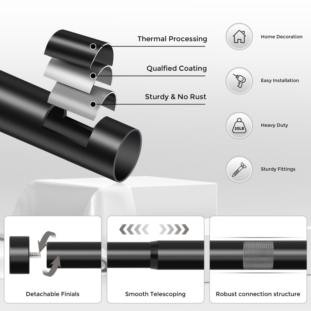 Curtain Rods for Windows 48 to 84 Inch(4-7 Feet),Black 1'' Diameter Drapery Rods with End Cap Style Design,Modern Adjustable Heavy Duty Curtain Rod,Size:36''-88''