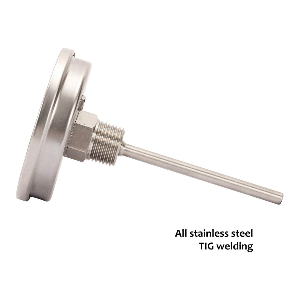 Measureman Fully Stainless Steel Pot, Kettle, Brewing Bimetal Thermometer, 3" Dial, 4" Stem, 0-250 deg F/-20-120 deg C, -1% Accuracy, Adjustable, 1/2" NPT Back Mount