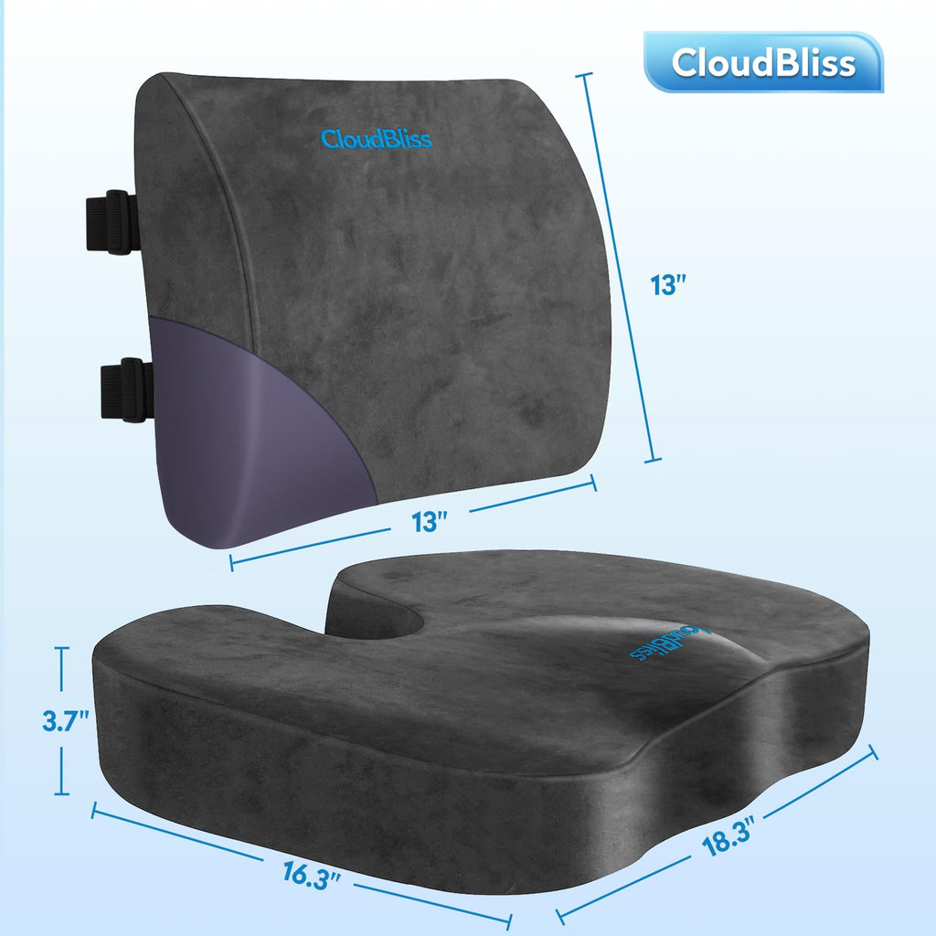 CloudBliss Seat Cushion,Office Chair Cushion,Car Seat Cushion,Lumbar Support Pillow for Office Chair,Back Support Memory Foam Pillow Coccyx Cushion for Tailbone Pain&Sciatica Pain Relief,Grey,X-Large