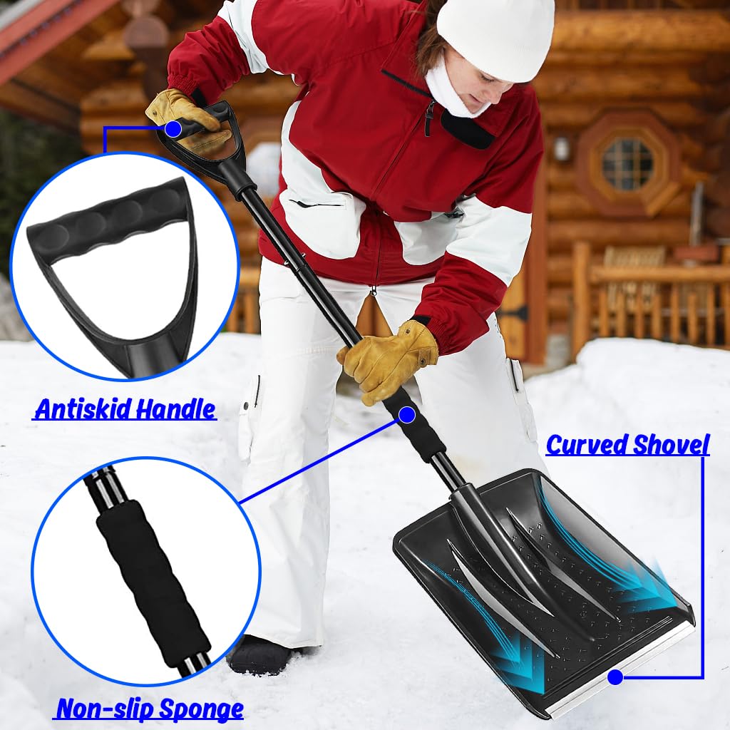 Snow Shovel, 42.5" Emergency Shovel for Car, 3-Piece Detachable Design, Adjustable Portable Snow Shovel for Driveway, Camping, Snowman Playing