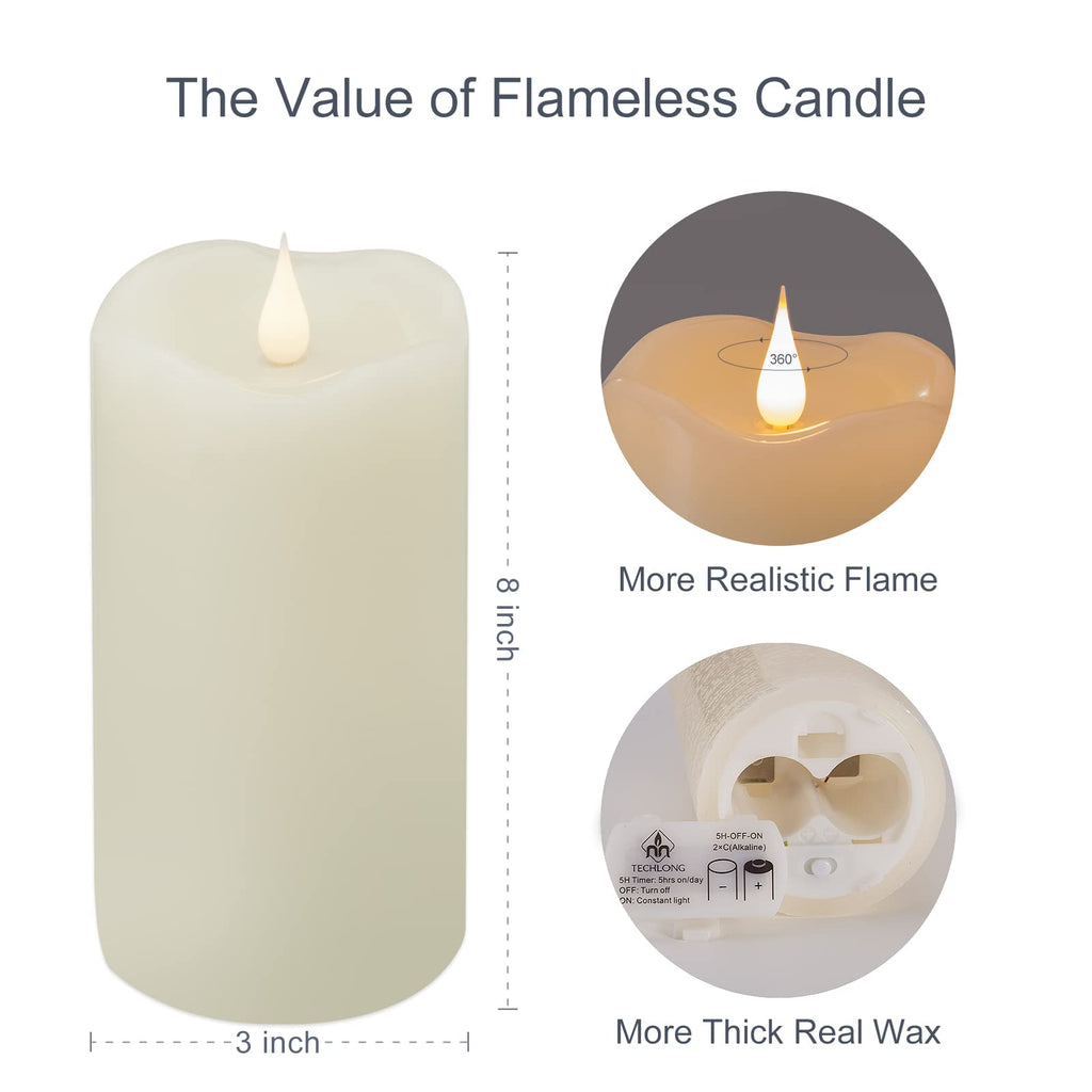 TECHLONG Flickering Flameless Candles with 3D Moving Flame, Last 1000+ Hours Battery Operated Candles with Timer, Ivory Real Wax Pillar Electric LED Candle for Wedding Christmas Party/3" x 8"