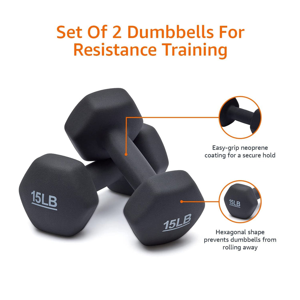 Amazon Basics Neoprene Coated Hexagon Workout Dumbbell Hand Weight, 30 Pounds, 15 pound (Set of 2), Dark Grey