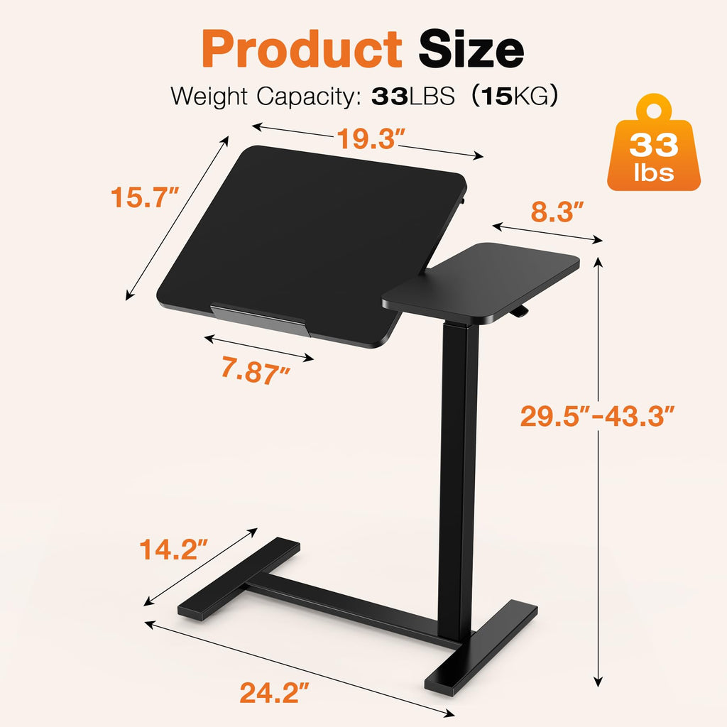 Sweetcrispy Overbed Bedside Table, Mobile Standing Desk Adjustable Height, Small Rolling Laptop Computer with Wheels, Tiltable Desktop with Tray for Hospital Office Bedroom Sofa Teachers, Black