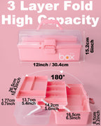 TERGOO 12in 3-Layer Plastic Craft Organizers and Storage, Portable Folding Tackle Box with Handle & Adjustable Dividers, Multipurpose Case for Sewing, Art Supplies, Medicine, Tools (Pink)
