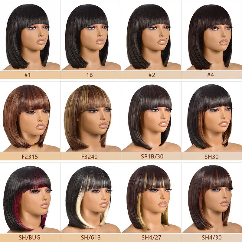 ToyoTress Short Bob Wigs With Bangs - 12 Inch Light Brown Yaki Straight Hair Daily Costume Wig For Black Women, Soft Light Synthetic Hair Replacement Wigs Heat Resistant (12 Inch, #4-612H)