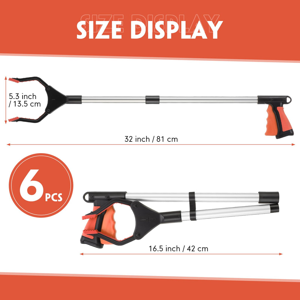 6 Pcs Grabber Tool for Elderly Foldable Trash Picker 32 Inch Extra Long Litter Stick Lightweight Handy Claw Grabber for Arm Extension Garbage Gripper Trash Pick up Litter Picker Garden Nabber (Orange)