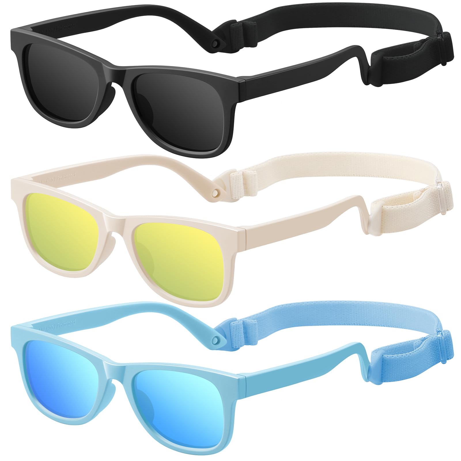 Baby Infant Toddler Polarized Sunglasses with Strap for Boys Girls Age 0-24 Months, 3 Pack Flexible TPEE Rubber Frame Kids 100 UV Protection Sunglasses Newborn Shades