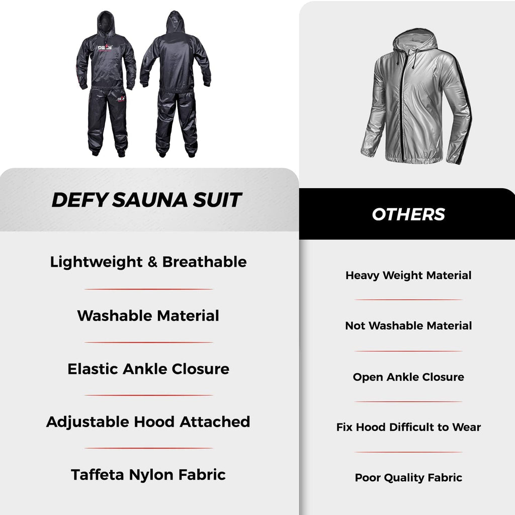 DEFY Heavy Duty Sweat Suit Sauna Exercise Gym Suit Fitness, Weight Loss, Anti-Rip, with Hood (XL)
