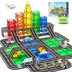 104 PCS Magnetic Tiles Road Set With Car Toys, STEM Magnet Building Blocks for Kids Toddler Toys Games, Christmas Birthday Gifts for 3+ Year Old Boys Girls, Car Enthusiasts and Classroom Must Haves