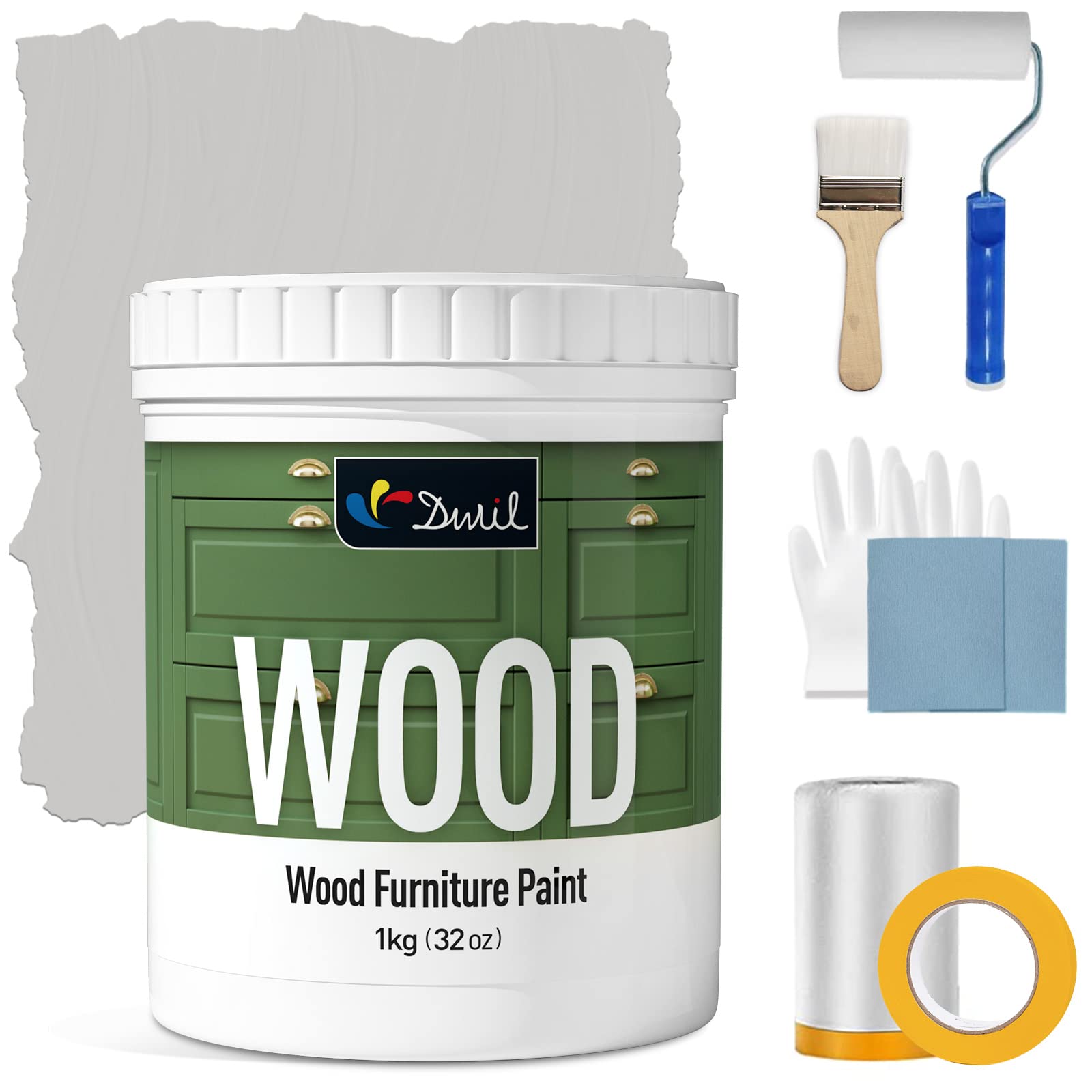 DWIL Matte Finish Furniture Paint - 32 Oz Wood Paint for Cabinets, Doors, Tables, and Dressers Refinishing - Water-Based, Non-Toxic & Odorless, Easy to Apply(Light Grey)-With Tools