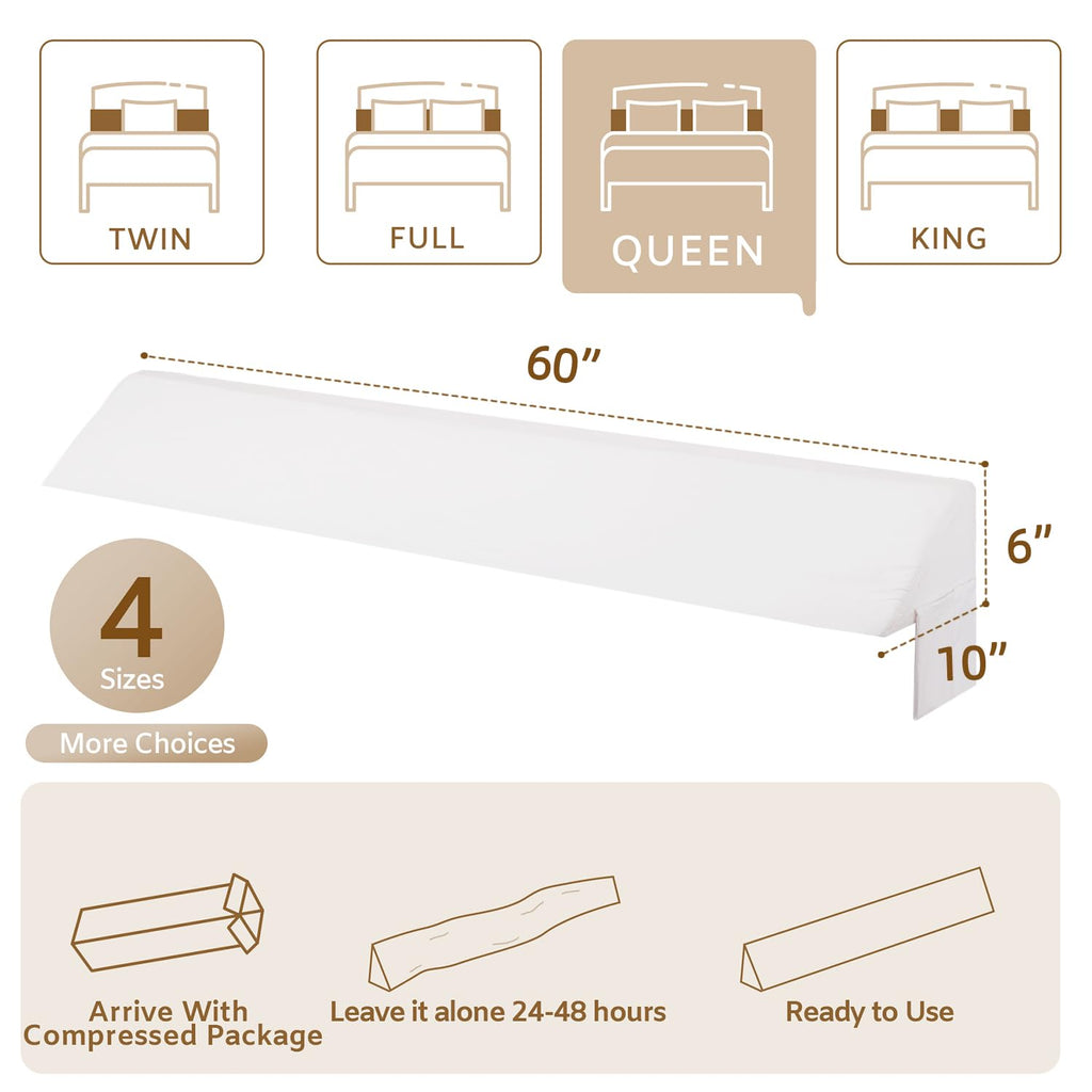 Bedluxe Queen Bed Wedge Pillow for Headboard, Wedge Pillow Headboard, Pillow Wedge for Headboard Gap, Bed Gap Filler Queen - Fill The Gap (0-7") Between Headboard and Mattress (White, 60"x10"x6")
